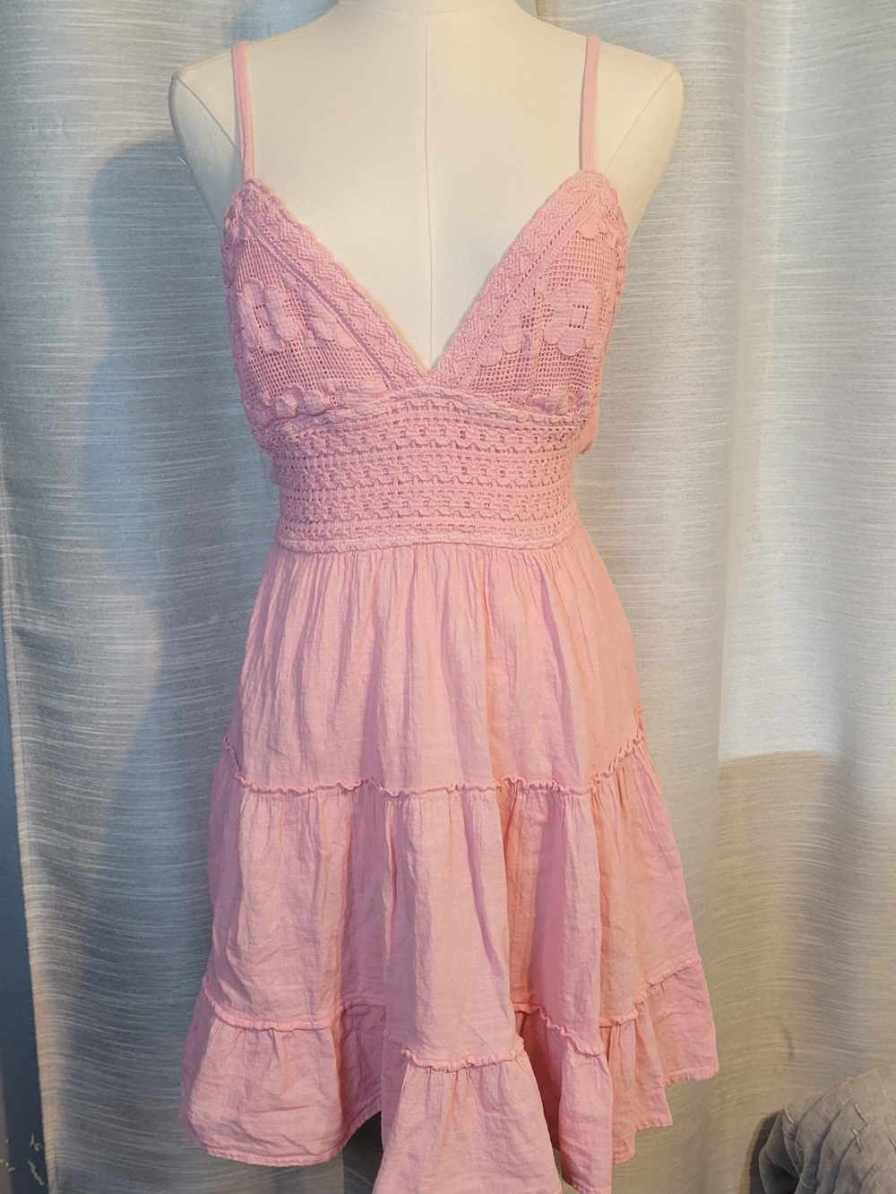 Altar'd State Pink Crochet Bodice Tiered Mini Dress
